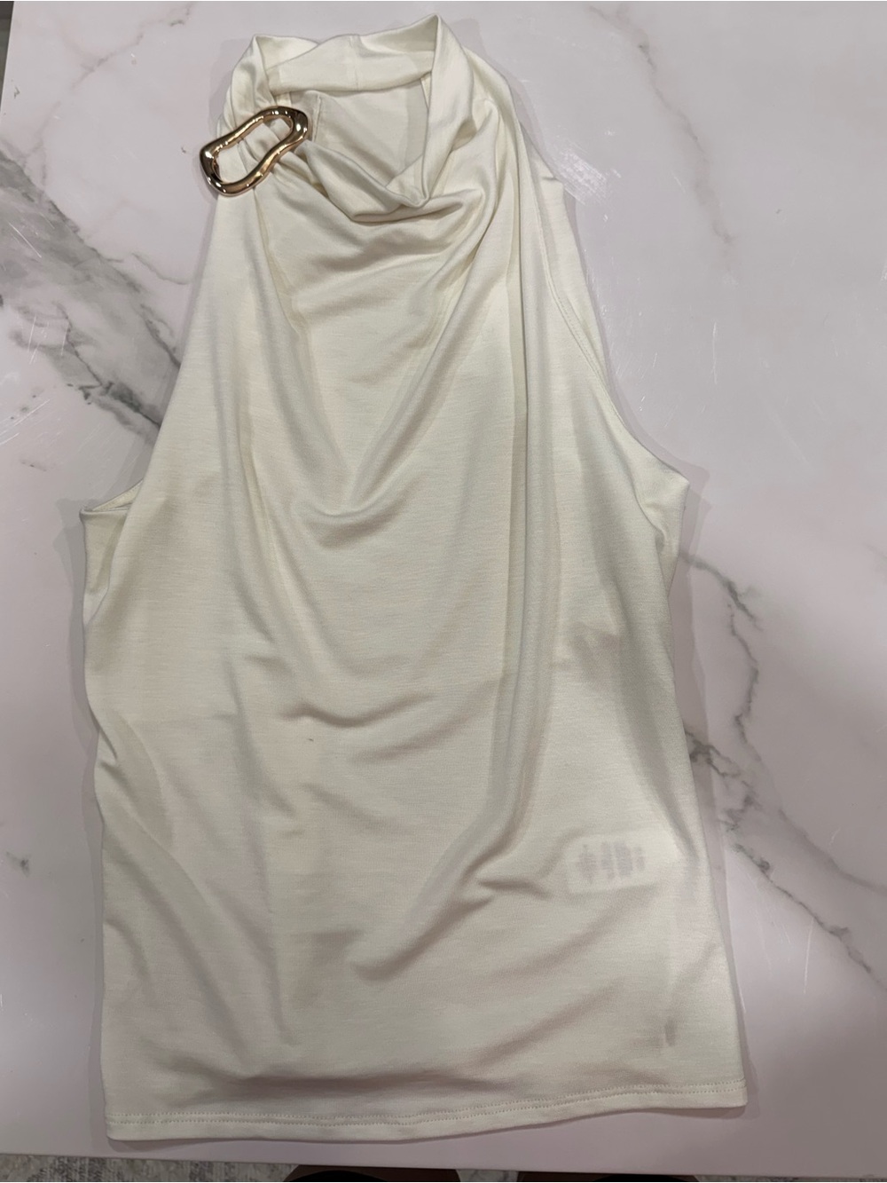 Express High Neck Cowl Top beige w gold, small